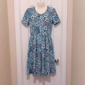 LulaRoe Amelia Dress purple and green floral pattern on white szS